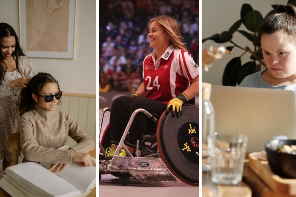 a visual impaired girl reading braile, a girl in a wheelchairs playing sports, and a girl with downs syndrome on a laptop